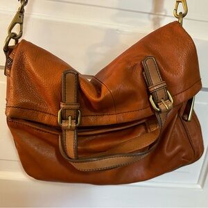 Fossil leather purse, convertible as 2 handled deep bag or foldover shoulder bag